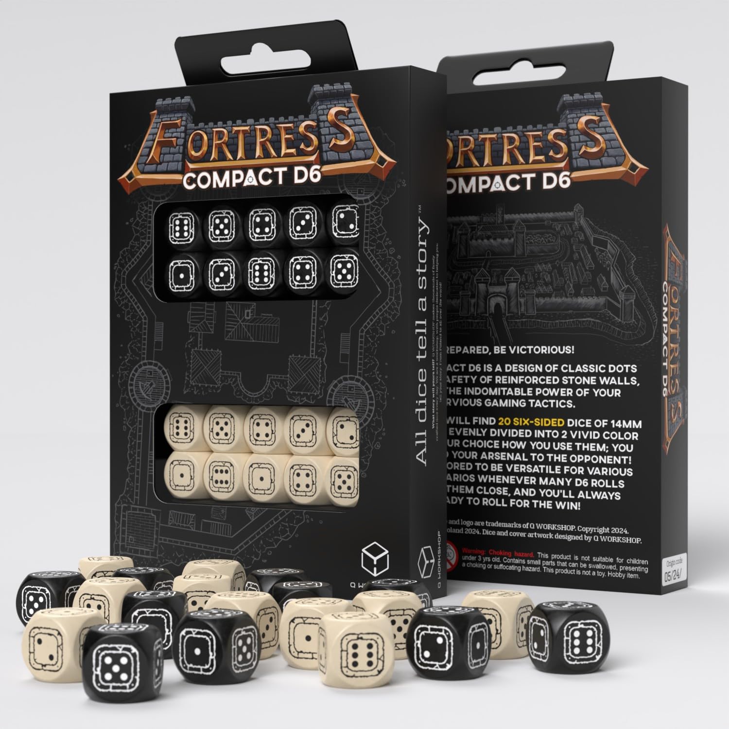 Fortress Compact D6: Black & Beige by Q-Workshop, Dice for RPG Board Games, for 1+ Players and Ages 14+ 1
