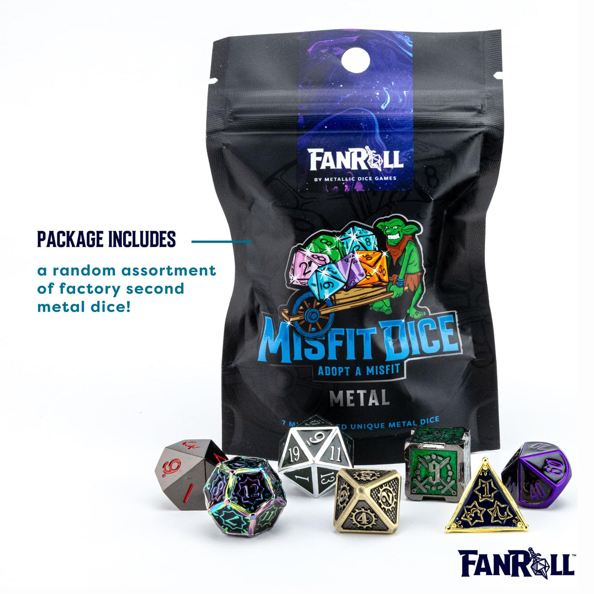 FanRoll by Metallic Dice Games Misfit Metals, Bag of DND Dice, Role Playing Game Dice Accessories for Dungeons and Dragons 6