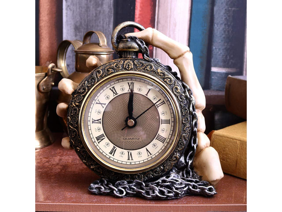 About Time Skeleton Hand and Pocket Watch Mantel Clock 14cm