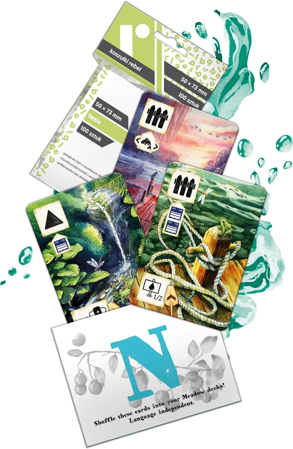 Meadow Downstream Sleeve Pack -Enhance Your Game with 100 Card Sleeves & Mini-Expansion Cards, Strategy Game for Kids & Adults, Ages 10+, 1-4 Players, 60-90 Min Playtime, Made by Rebel Studio