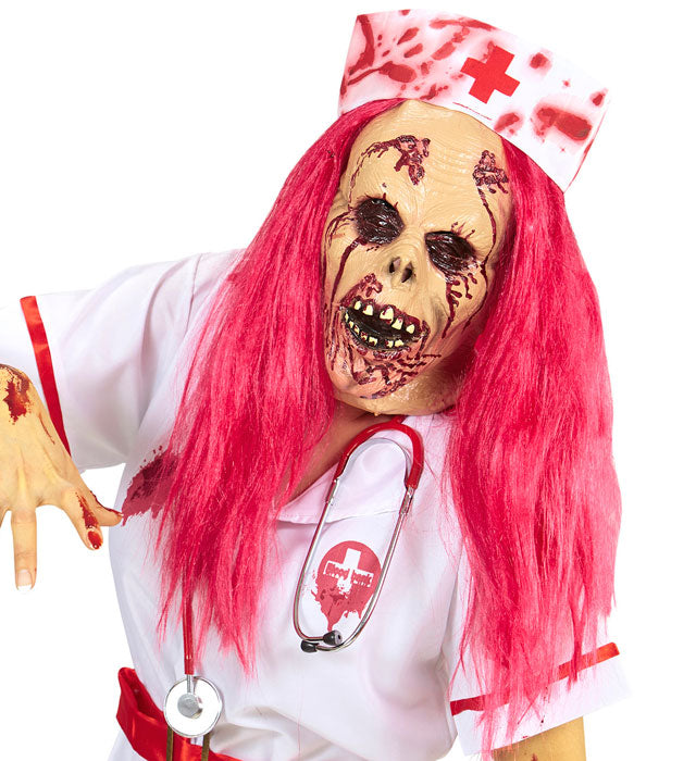 Zombie Nurse Half Face Mask With Wig & Headpiece