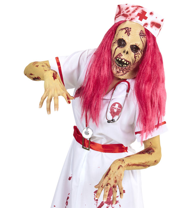 Zombie Nurse Half Face Mask With Wig & Headpiece