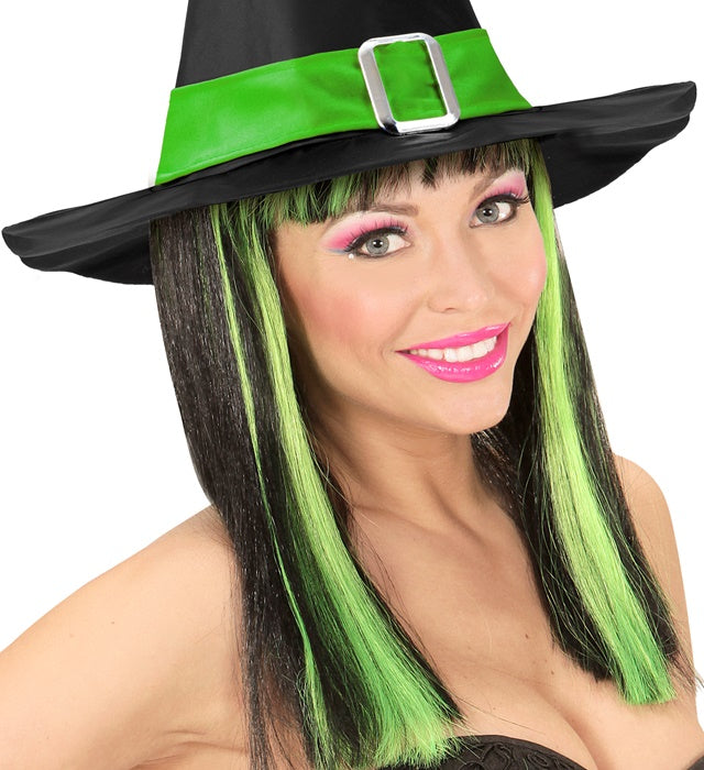 Neon Green Streaked Black Patsy Wig In Polybag