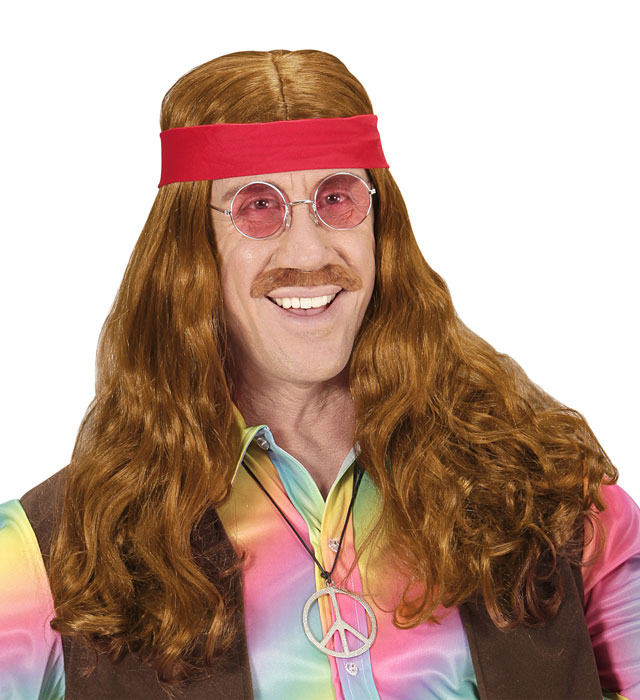 Hippie Wig With Red Headband & Moustache In Polybag