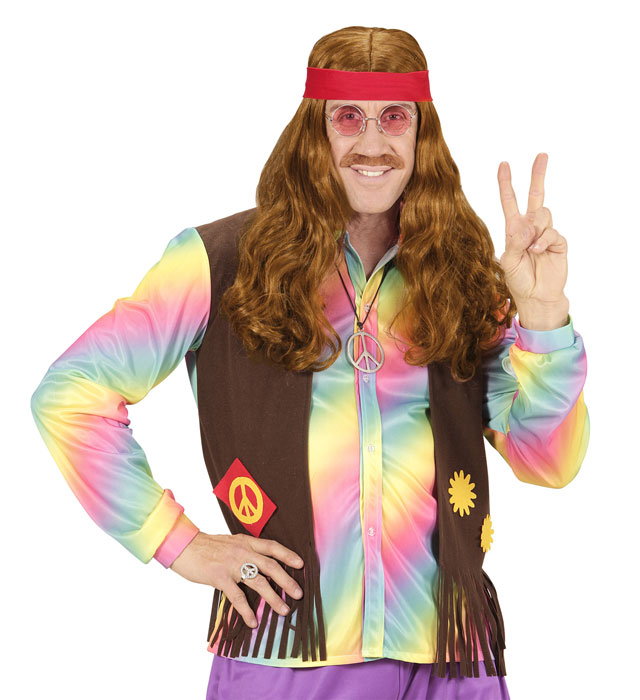 Hippie Wig With Red Headband & Moustache In Polybag
