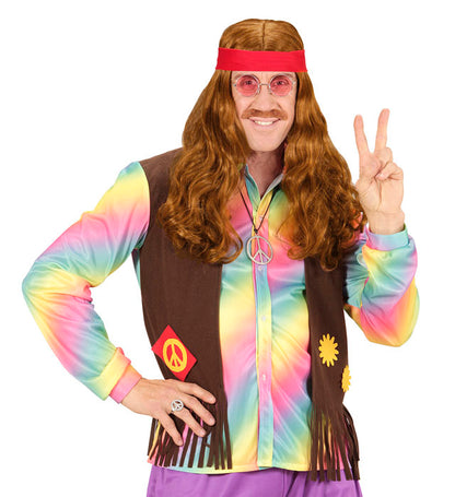 Hippie Wig With Red Headband & Moustache In Polybag