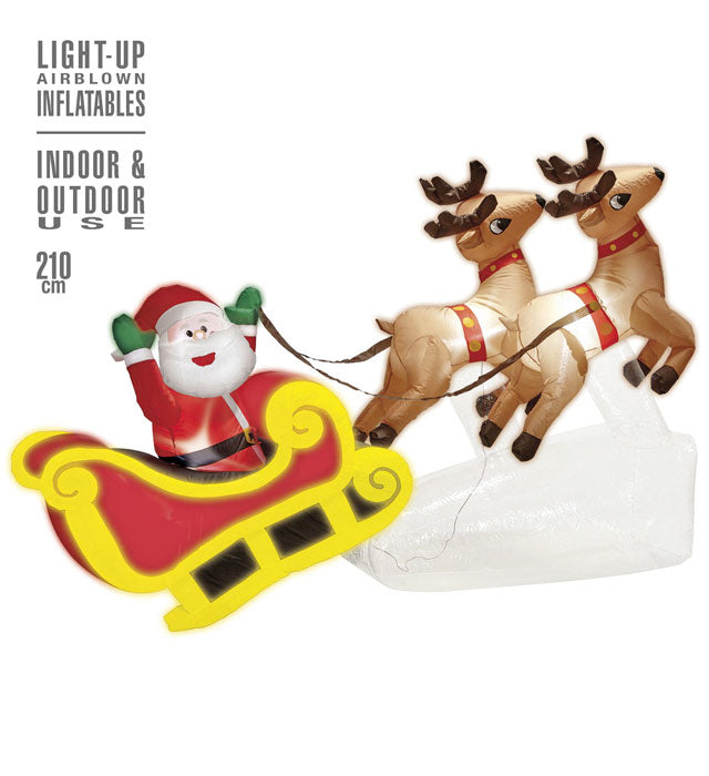 Light-Up Airblown Inflatable Santa Claus On Sled With 2 Reindeers 210 Cm