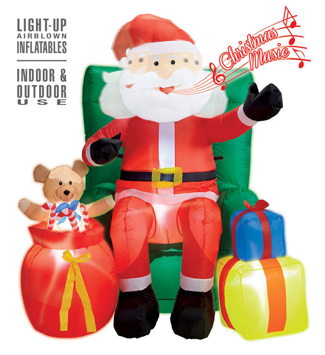 Light-Up Airblown Inflatable Santa Claus Seated On Sofa With Presents Animated Head & Music  122 Cm