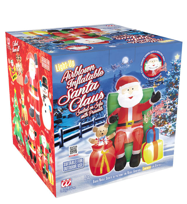Light-Up Airblown Inflatable Santa Claus Seated On Sofa With Presents Animated Head & Music  122 Cm