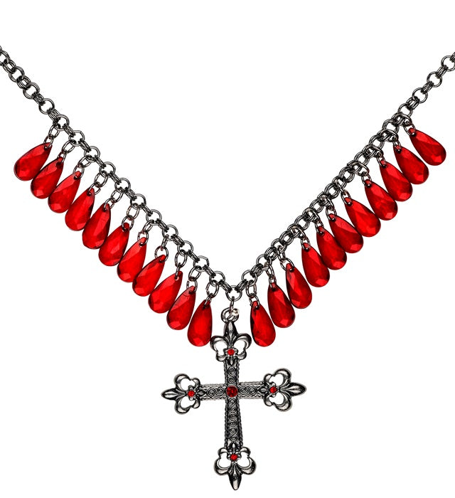 Red Gothic Cross Necklace With Drops Of Jupiter