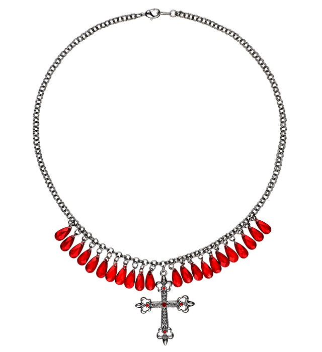 Red Gothic Cross Necklace With Drops Of Jupiter