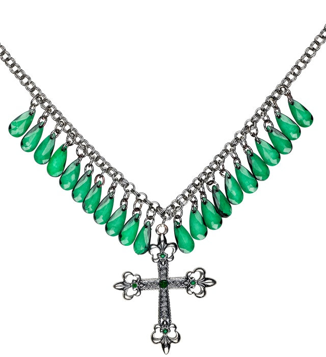 Green Gothic Cross Necklace With Drops Of Jupiter