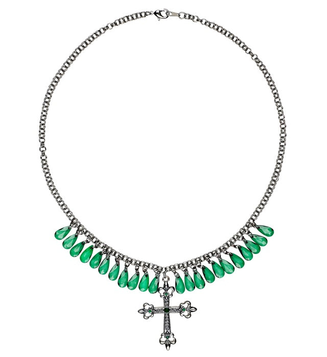 Green Gothic Cross Necklace With Drops Of Jupiter