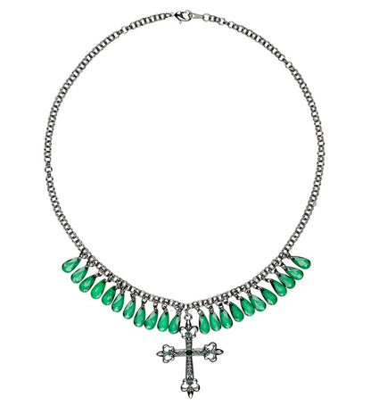 Green Gothic Cross Necklace With Drops Of Jupiter