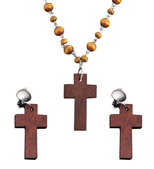 Wooden Rosary & Cross Earrings Set