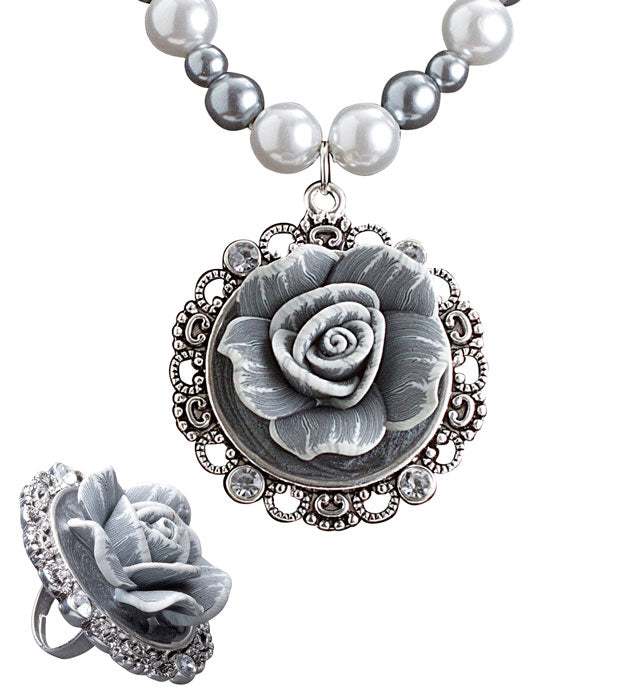 Baroque Pearls Necklace With Cameo Rose & Cameo Rose Ring With Strass Set