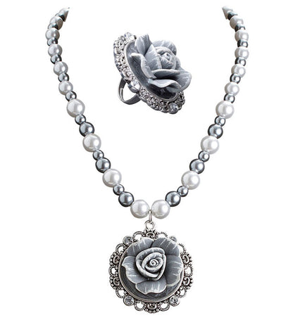 Baroque Pearls Necklace With Cameo Rose & Cameo Rose Ring With Strass Set