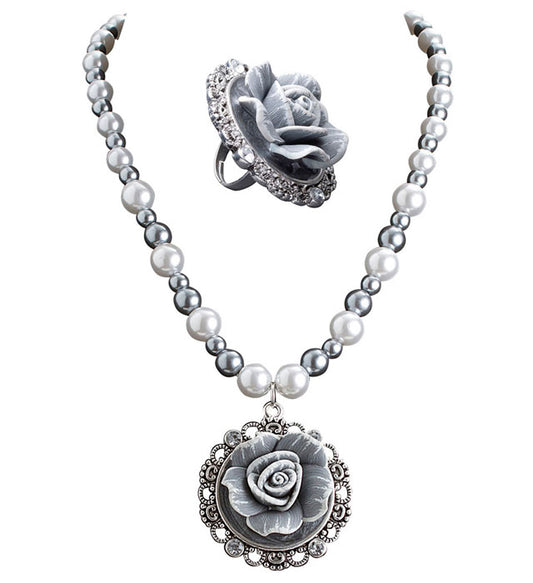 Baroque Pearls Necklace With Cameo Rose & Cameo Rose Ring With Strass Set