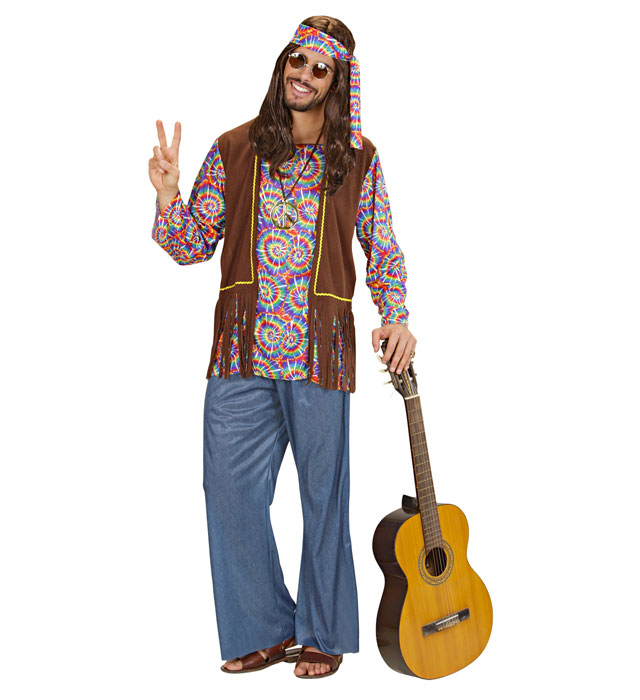 Psychedelic Hippie Man  Shirt With Vest, Pants, Headband, Necklace 