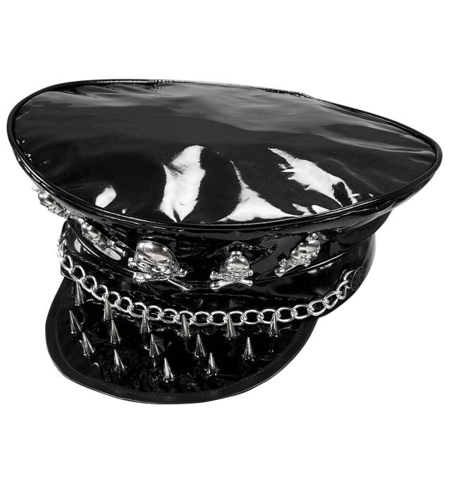 Vinyl Studded Rocker Hat With Skulls & Chain