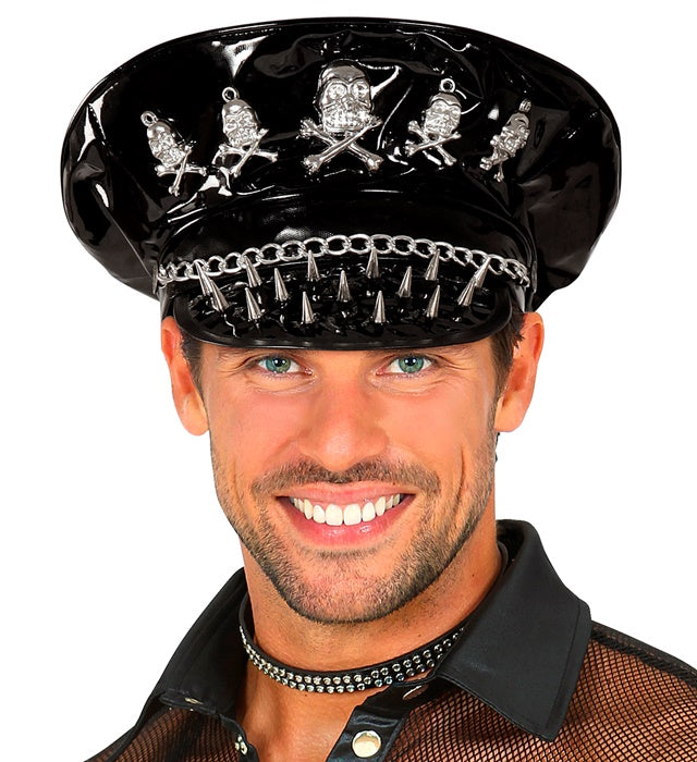 Vinyl Studded Rocker Hat With Skulls & Chain