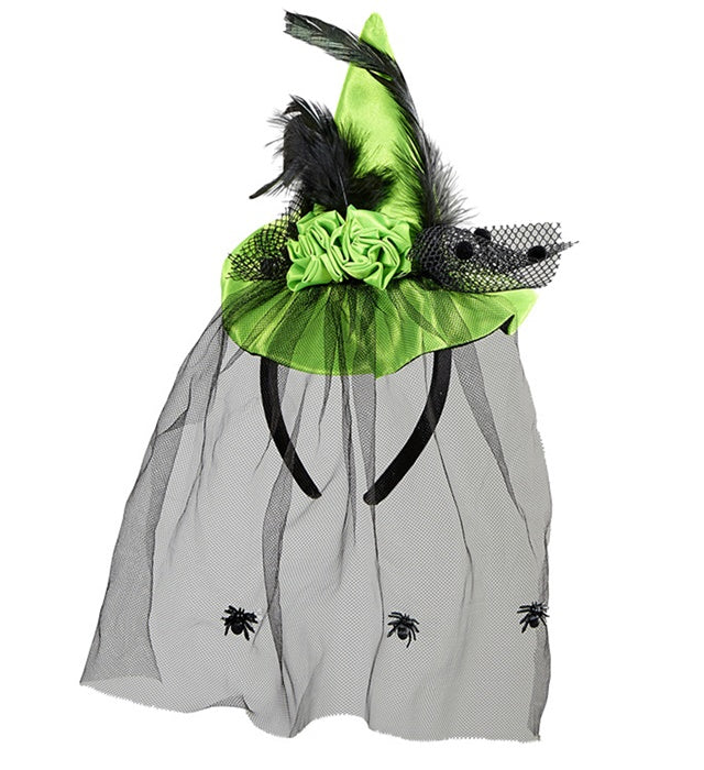 Green Mini Witch Hat With Roses, Feathers & Spider Tulle