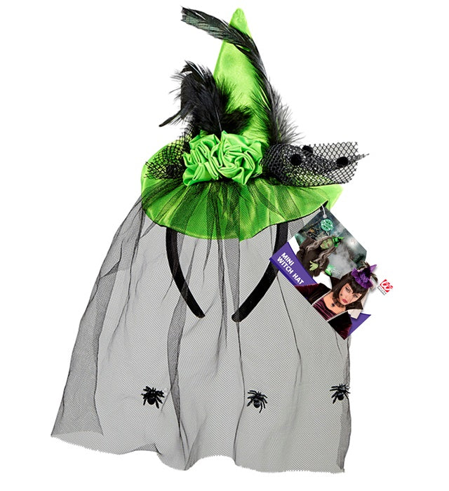 Green Mini Witch Hat With Roses, Feathers & Spider Tulle