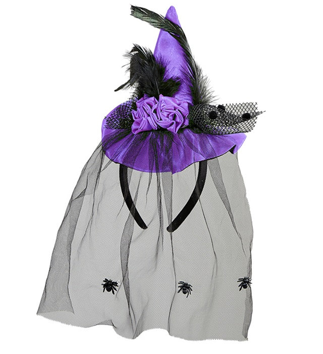 Purple Mini Witch Hat With Roses, Feathers & Spider Tulle