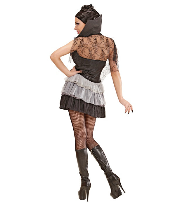 Gothic Vampiress  Dress With Stand Up Collar And Attached Spiderwebcapelet, Necklace With Medallion 