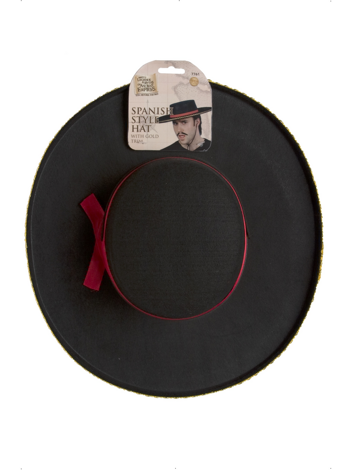 Spanish Hat Black With Gold Trim Red Band And Cord Adult Zorro Costume Accessory