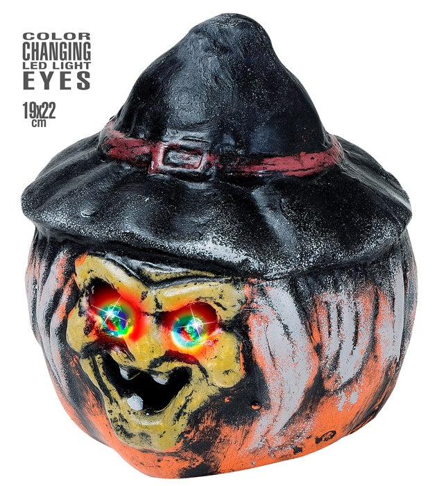 Witch Pumpkin With Hat & Color Changing Led Light Eyes 19X22 Cm