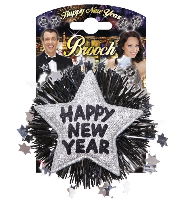Silver Happy New Year Brooch
