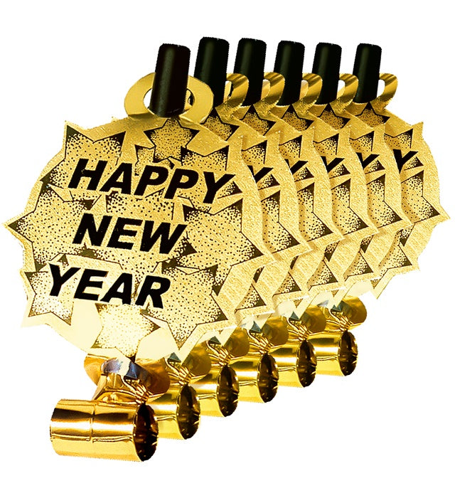 Set Of 6 Gold Happy New Year Sounding Blow-Outs