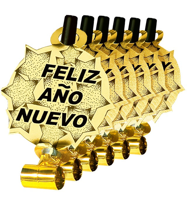 Set Of 6 Gold Feliz Año Nuevo Sounding Blow-Outs