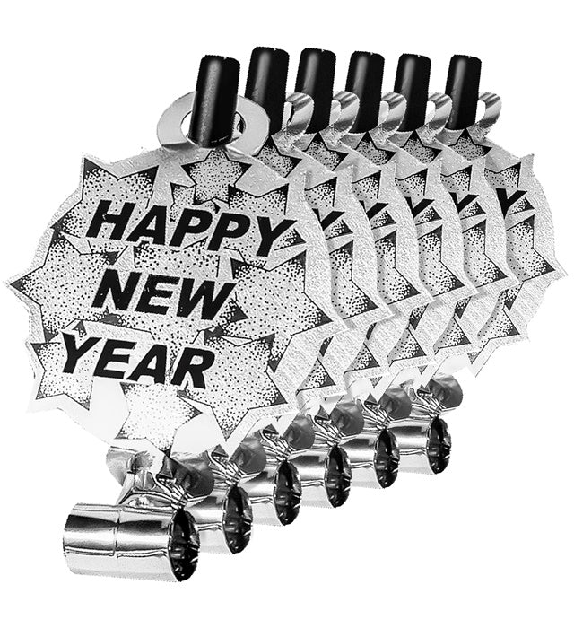Set Of 6 Silver Happy New Year Sounding Blow-Outs