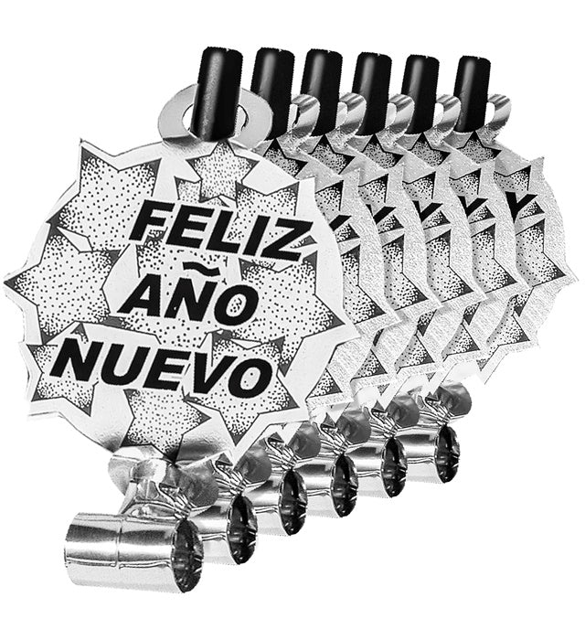 Set Of 6 Silver Feliz Año Nuevo Sounding Blow-Outs