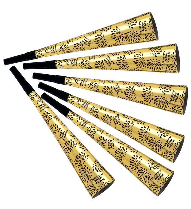 Set Of 6 Gold Happy New Year Sounding Trumpets 25 Cm