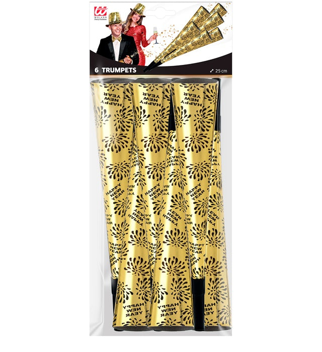 Set Of 6 Gold Happy New Year Sounding Trumpets 25 Cm