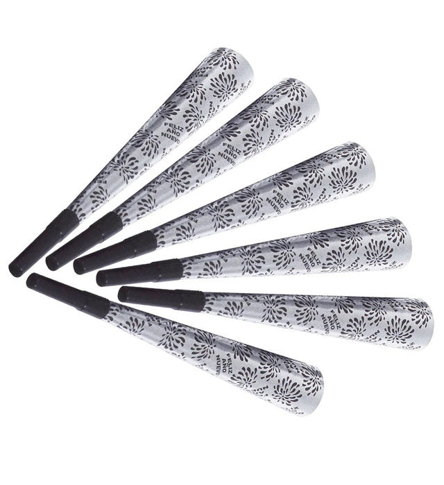 Set Of 6 Silver Feliz Año Nuevo Sounding Trumpets 25 Cm