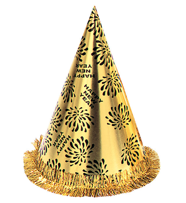 Gold Happy New Year Cone Hat Withfringe H 28 Cm