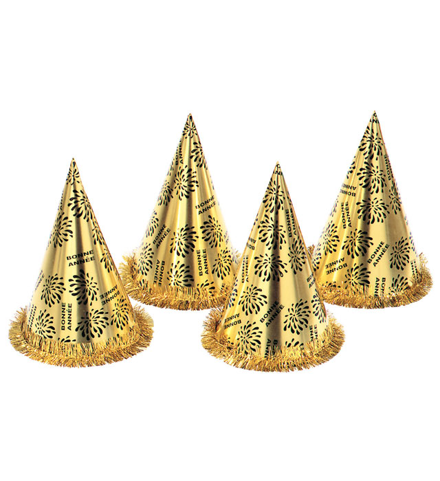 Gold Bonne Année Cone Hat With Fringe H 28 Cm
