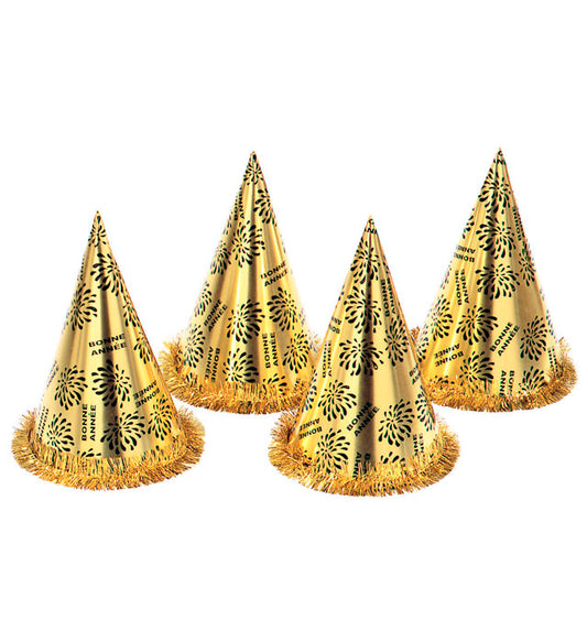 Gold Bonne Année Cone Hat With Fringe H 28 Cm