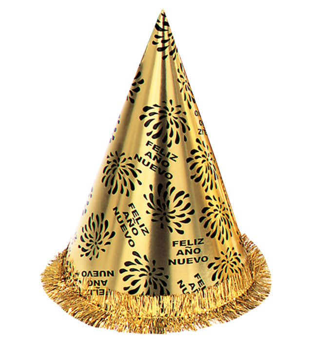 Gold Feliz Año Nuevo Cone Hat With Fringe H 28 Cm