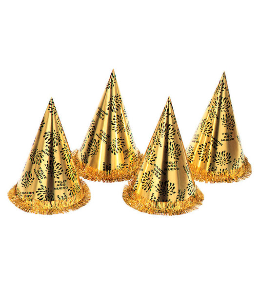 Gold Feliz Año Nuevo Cone Hat With Fringe H 28 Cm