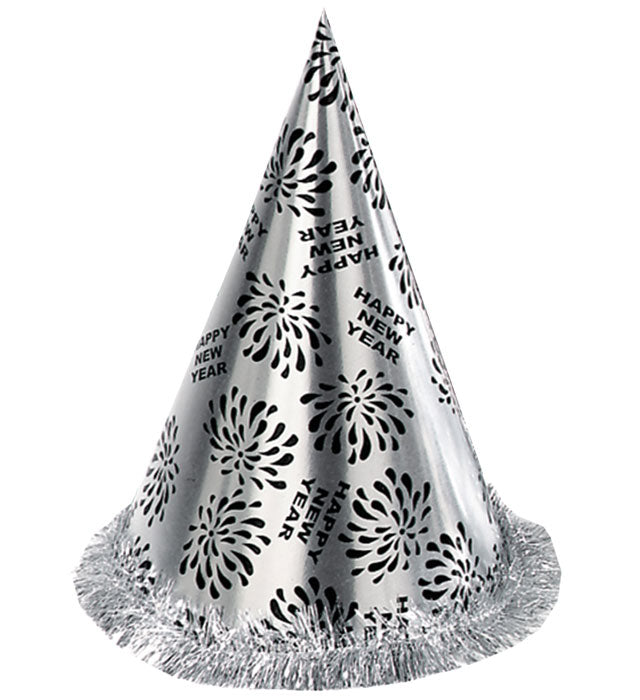 Silver Happy New Year Cone Hat With Fringe H 28 Cm