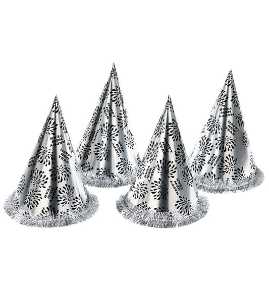 Silver Happy New Year Cone Hat With Fringe H 28 Cm