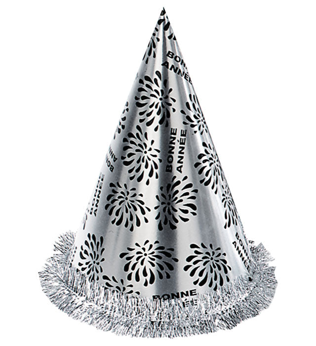 Silver Bonne Année Cone Hat With Fringe H 28 Cm