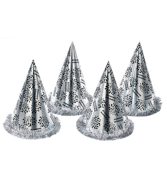 Silver Bonne Année Cone Hat With Fringe H 28 Cm