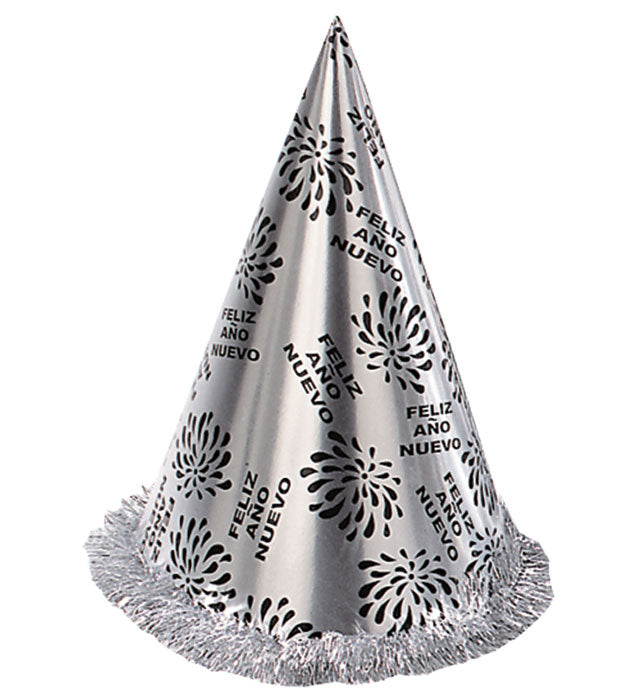 Silver Feliz Año Nuevo Cone Hat With Fringe H 28 Cm