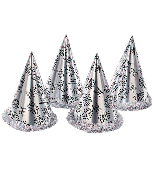 Silver Feliz Año Nuevo Cone Hat With Fringe H 28 Cm